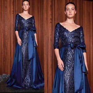 NWT Tadashi Shoji Bashira Draped Bow Gown Dress BPP20660L Midnight Size 2